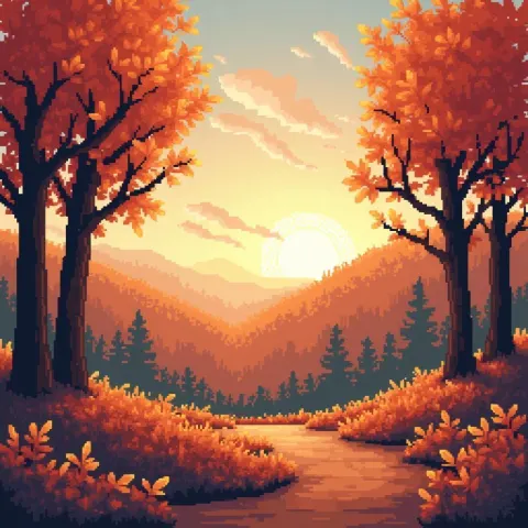 Golden Hour Fall Landscape In Pixels