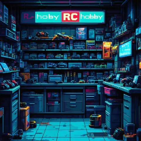 Cluttered RC Hobby Shop In Pixels
