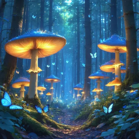Twilight Forest Of Giant Glowing Mushrooms