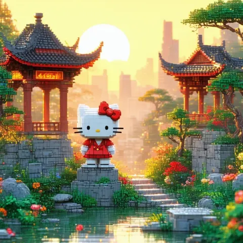 Pixel Oriental Garden With Hello Kitty