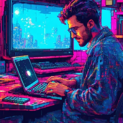 Eight Bit Man Typing In Gaming Room