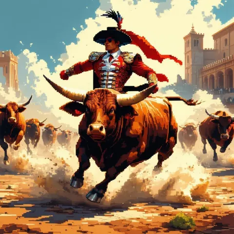 Pixel Superhero Bullfighter Racing The Bulls