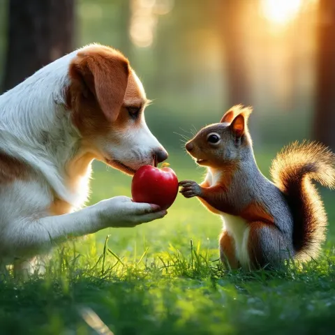 Dog Offering Apple To Curious Squirrel