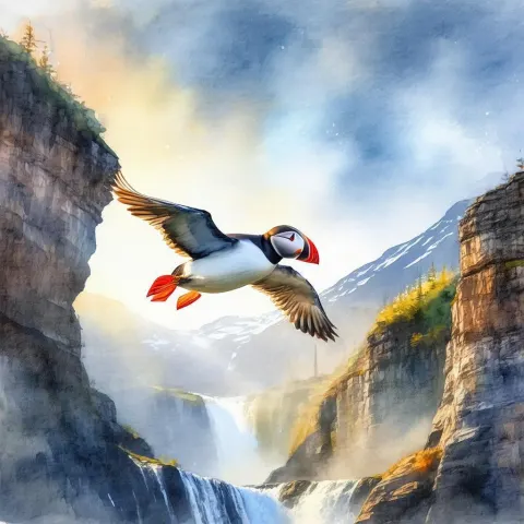 Watercolor Puffin Soaring Past Alaskan Falls