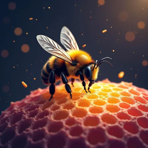 Pixel Bee Lifting Off Vibrant Honeycomb