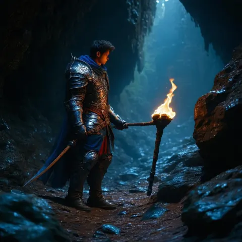 Torchlit Adventurer In The Mystic Cave