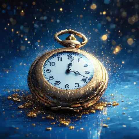 Golden Pixel Pocket Watch Afloat In Blue