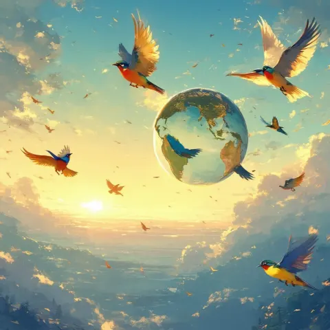 Colorful Birds Circling A Floating Globe