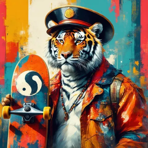 Tiger Conductor Holding Yin Yang Skateboard