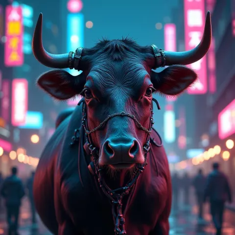 Cybernetic Cow In Neonpunk Cityscape