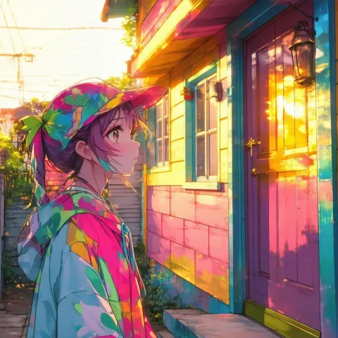 Anime Woman Gazing At Colorful House