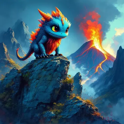 Cute Monster Perched Before Erupting Volcano