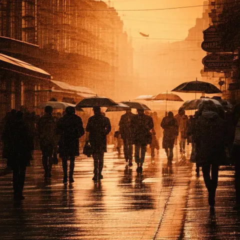 Umbrellas Blending Into Warm Urban Chaos