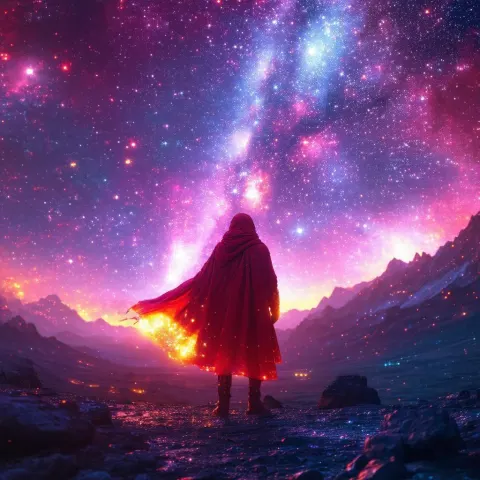 Red Cloaked Traveler In Neon Cosmos