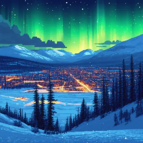 Pixel Art Aurora Night Over Lapland Snow