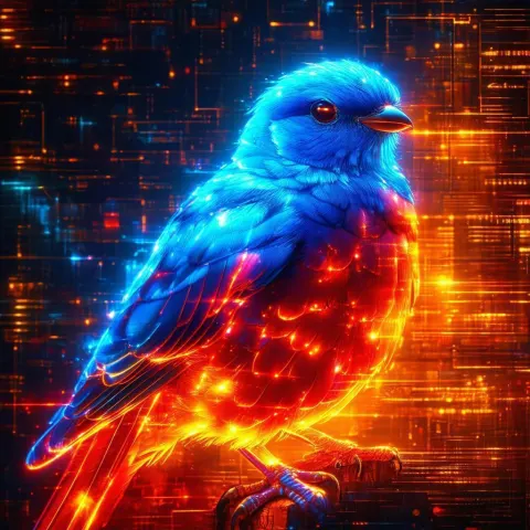 Neon Firebird Blazing Against a Cybernetic Backdrop