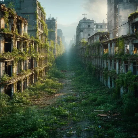 Lush Vegetation Reclaiming a Deserted Empty City