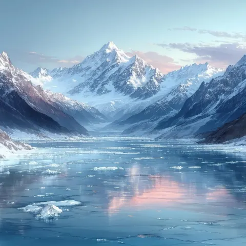 Anime Dusk Over Snowy Mountains and Ice
