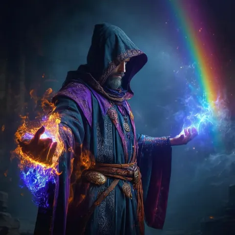 Sorcerer and Cleric Casting a Rainbow Banishment