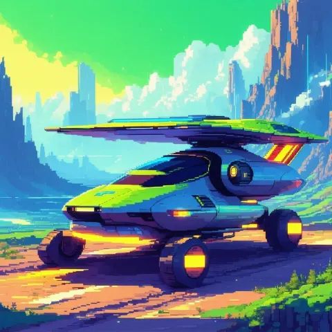 Solarpunk Hovercar Gliding Through Pixel Utopia