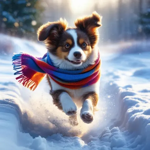 Scarfed Dog Dashing Through Snowy Anime Dreamscape