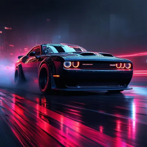 Speeding Dodge Challenger in Neon Cyberpunk Night