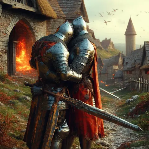 Medieval Knights Embracing Beneath an Exploding Universe