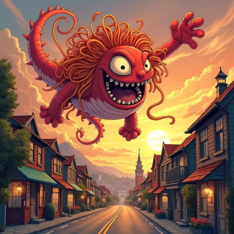 Spaghetti Monster Soaring Over a Chibi Town