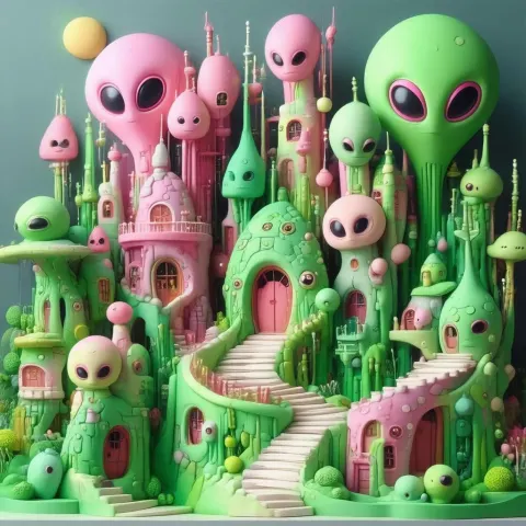 Whimsical Claymation Alien City in Pink and Green