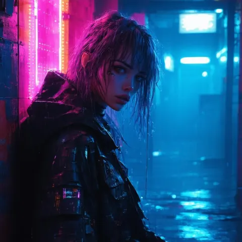 Cyberpunk Woman in Moody Neon Dystopia