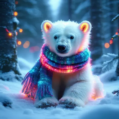 Neon Polar Bear Cub in Snowy Forest