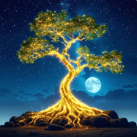 Moonlit Anime Tree With Glowing Rock Roots