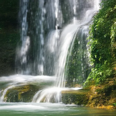 Crystal Clear Waterfall in Sunlit Mist