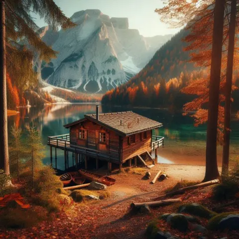 Serene Cabin by Autumn Lake Scene