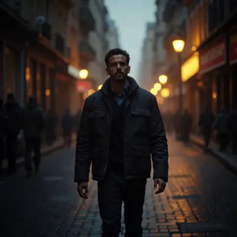 Lone Man Walking Through Cinematic Urban Shadows