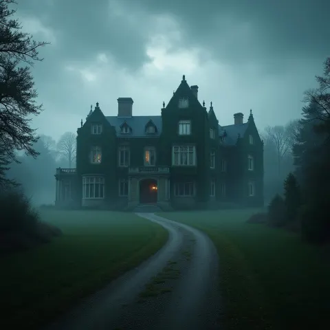 Ivy Clad Mansion Shrouded in Stormy Mist