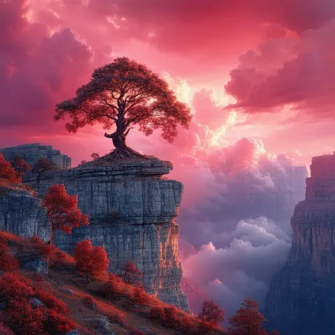 Fresco Tree on a Cliff Amid Crimson Clouds