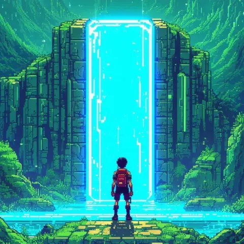 Pixel Figure Facing a Glowing Blue Portal