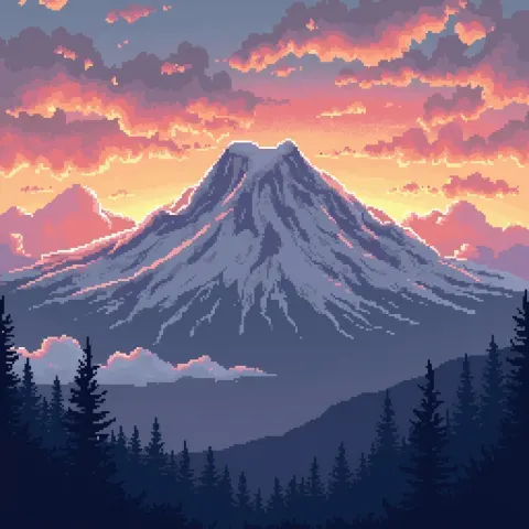 Pixel Art Sunrise Over Mount Rainier