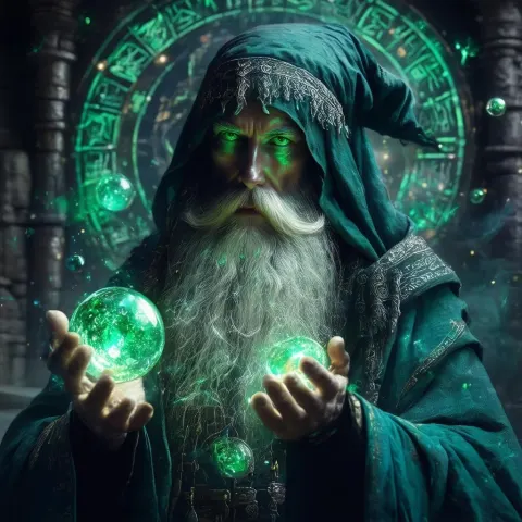 Ancient Wizard Among Runes and Glowing Orbs