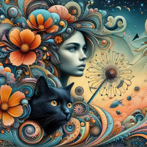 Surreal Young Woman with Black Cat