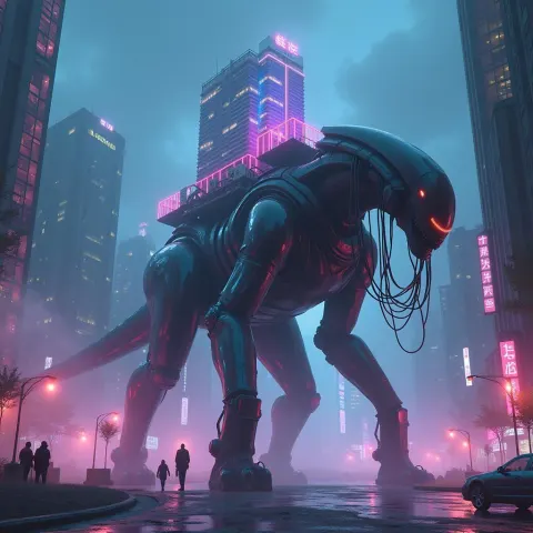Neon Alien Behemoth Carrying a Skyscraper