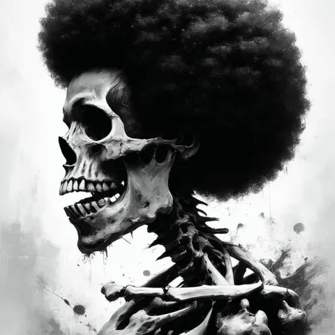 Grinning Skeleton With an Afro in Monochrome