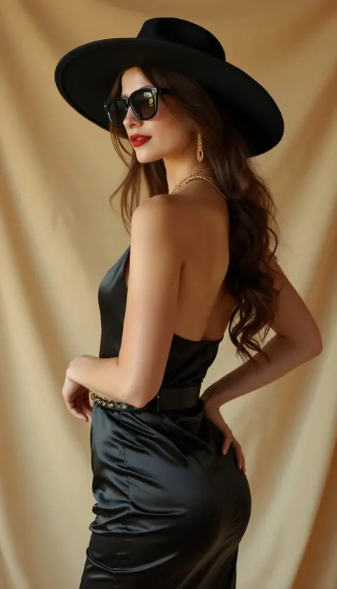 Elegant Woman in Black and Gold Dress