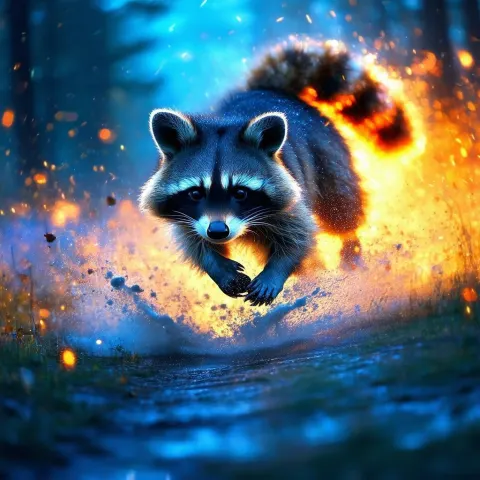 Manga Raccoon Leaping Through a Starburst Night