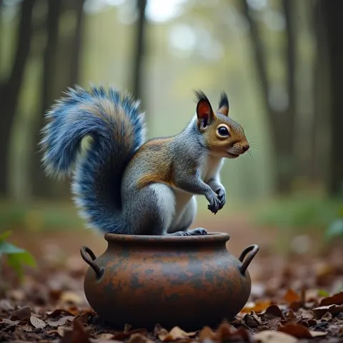 Blue Tailed Squirrel Atop an Antique Pot