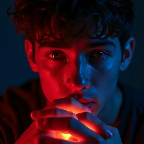 Pensive Neon Portrait With Glowing Hands