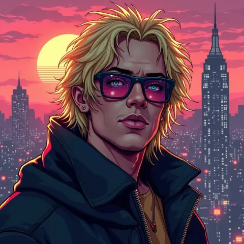 Pixel Cyberpunk Entertainer Under Dystopian Sunset