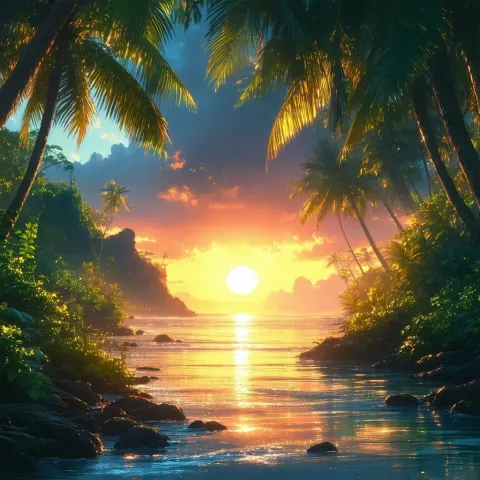 Ghibli Inspired Tropical Sunset in Golden Harmony