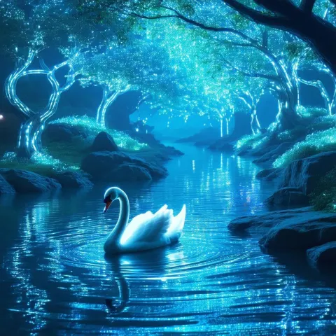 Neon Swan Gliding on a Cybernetic River